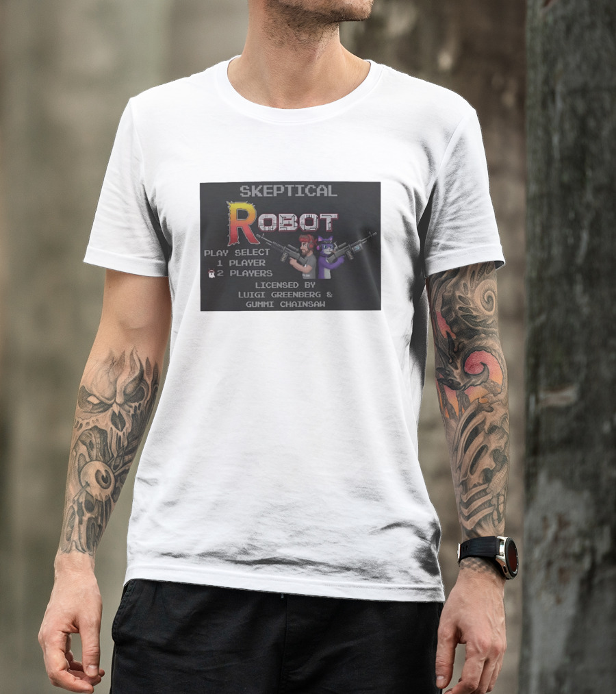 Skeptical Robot Play Select Luigi Greenberg Gummi Chainsaw T-Shirt