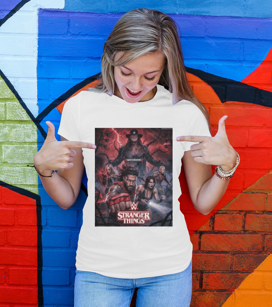 WWE And Stranger Things Crossover With The Undertaker, Roman Reigns, Cody Rhodes, Rhea Ripley, And Liv Morgan T-Shirt