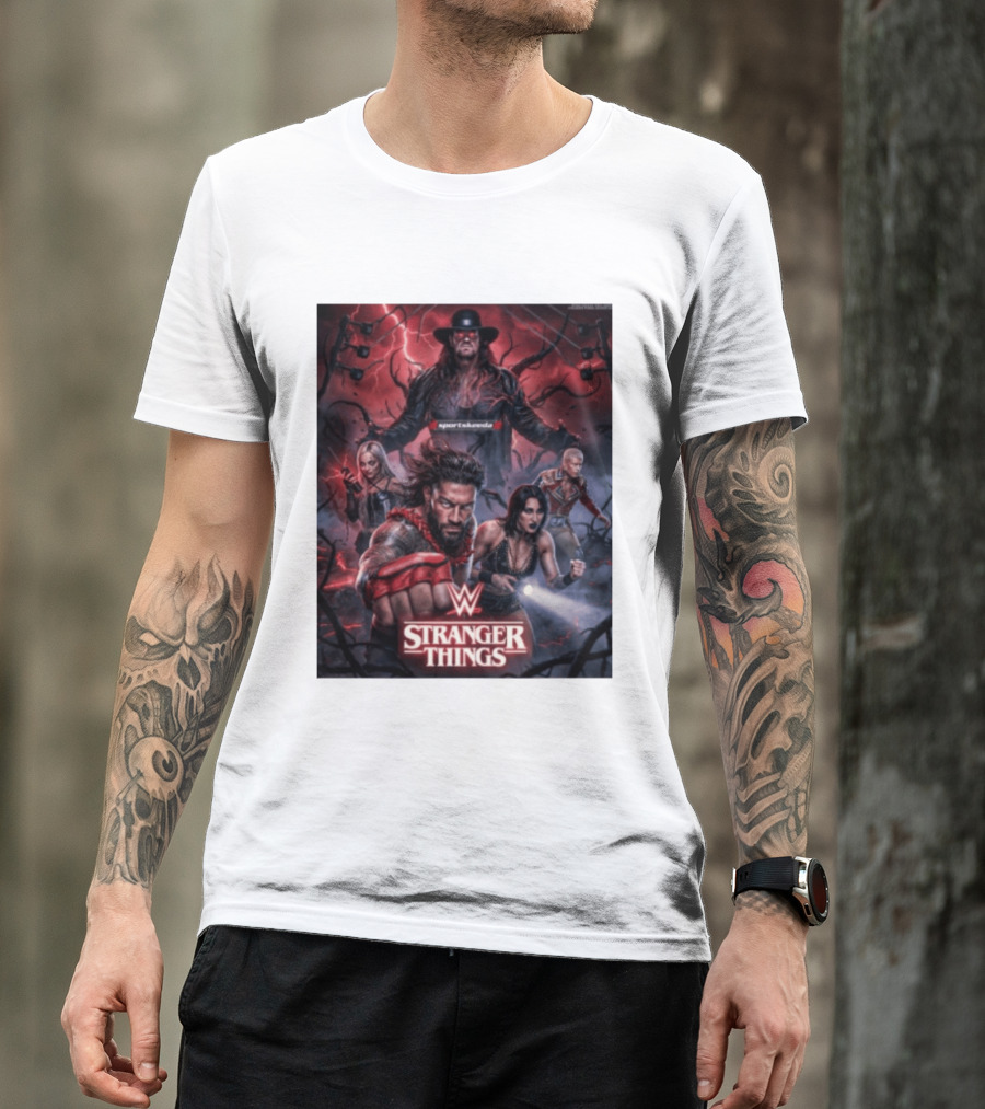 WWE And Stranger Things Crossover With The Undertaker, Roman Reigns, Cody Rhodes, Rhea Ripley, And Liv Morgan T-Shirt