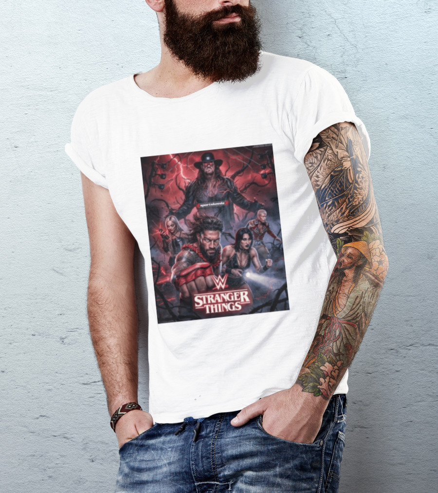WWE And Stranger Things Crossover With The Undertaker, Roman Reigns, Cody Rhodes, Rhea Ripley, And Liv Morgan T-Shirt