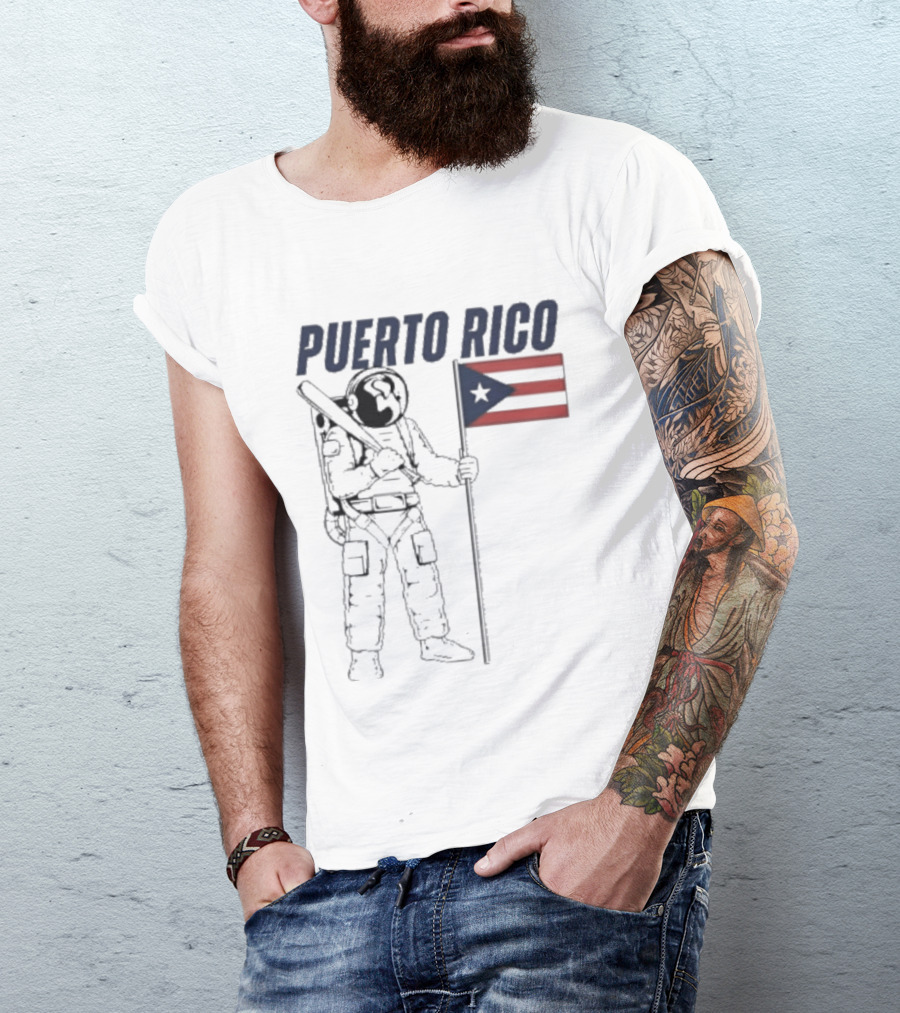 PUERTO RICO Astronaut Holding Baseball Bat Puerto Rican Flag T-Shirt
