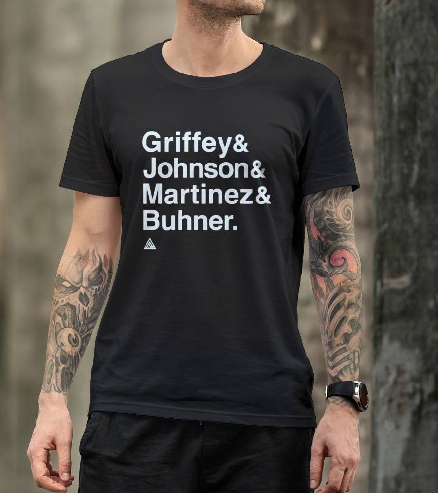 Griffey Johnson Martinez Buhner White Sans Serif Text Triangular T-Shirt
