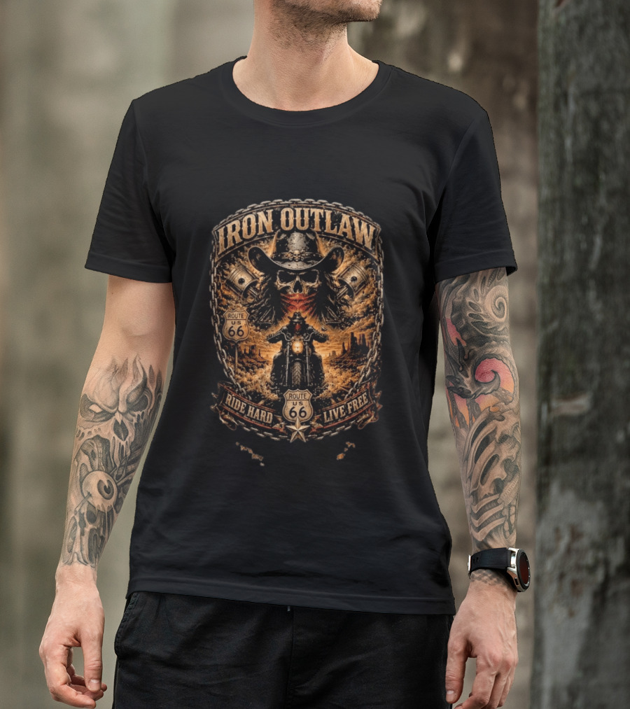Iron Outlaw Cowboy Skull Motorcycle Route 66 Ride Hard Live Free T-Shirt
