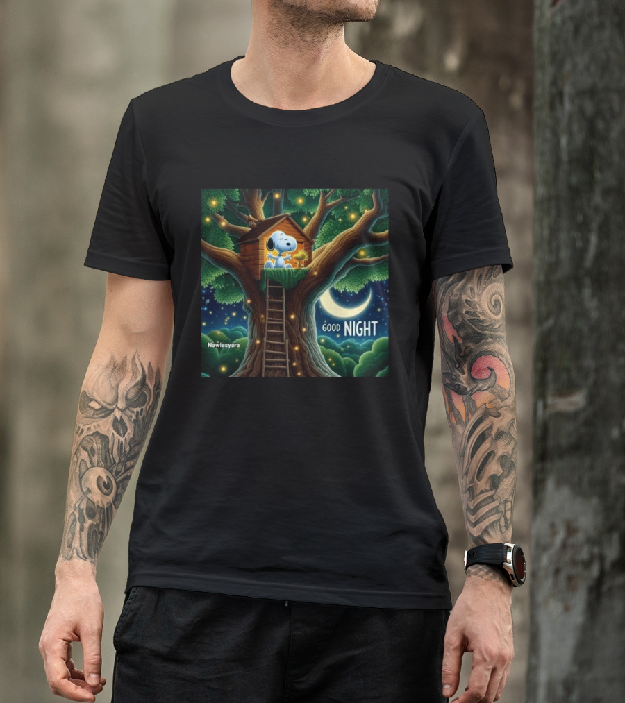 Leave A Heart If You Love Snoopy Good Night Treehouse Moonlit Scene T-Shirt