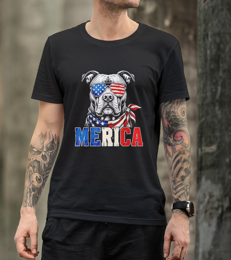 Patriotic Pit Bull Merica Dog With American Flag Sunglasses And Bandana T-Shirt