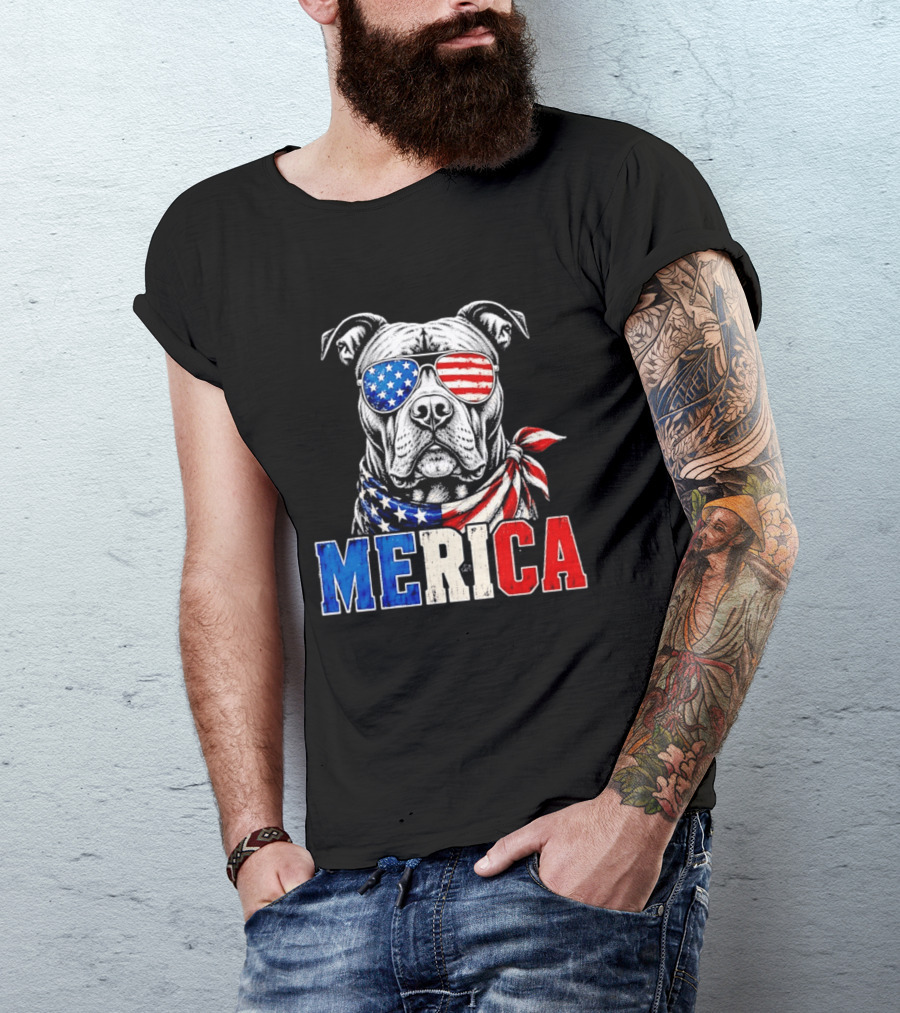Patriotic Pit Bull Merica Dog With American Flag Sunglasses And Bandana T-Shirt
