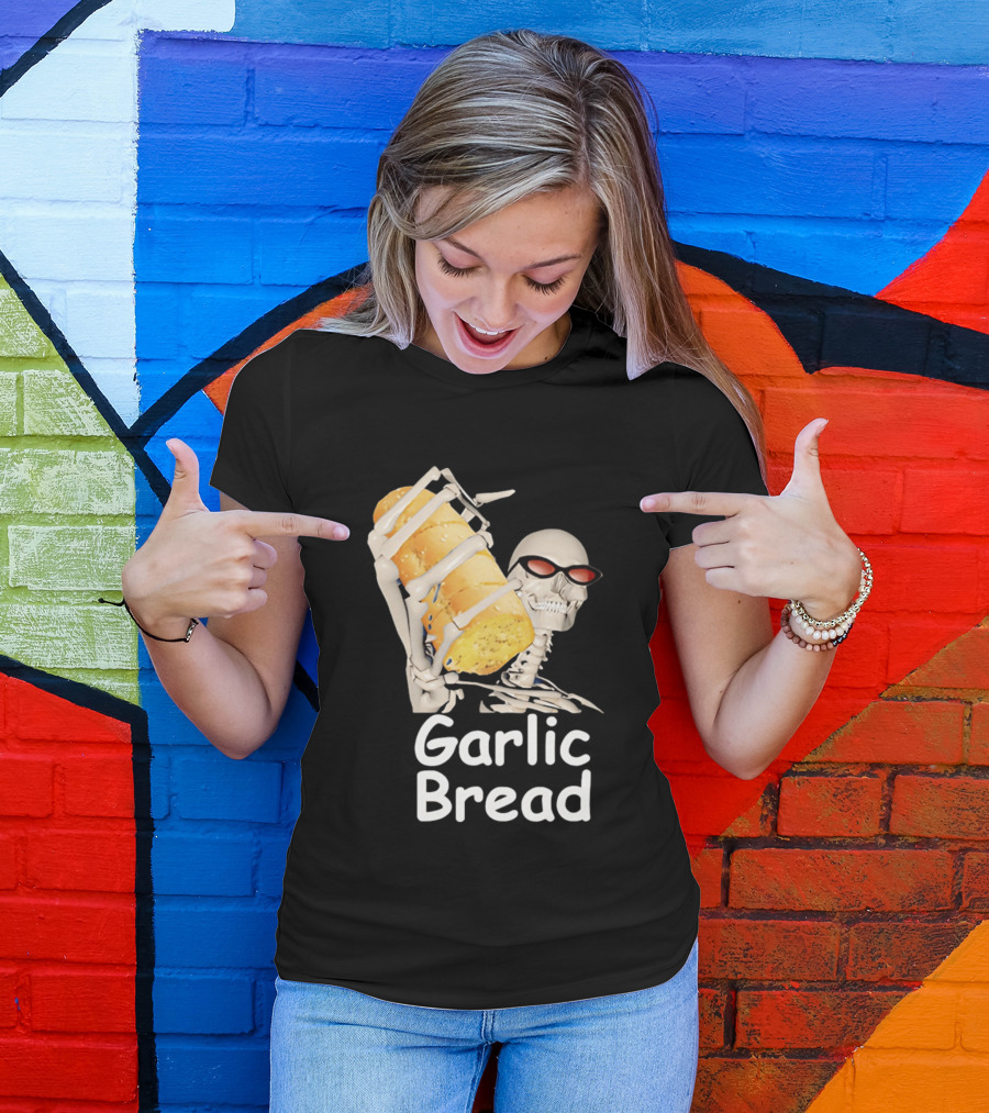 Skeleton Holding Baguette Garlic Bread Wearing Sunglasses T-Shirt
