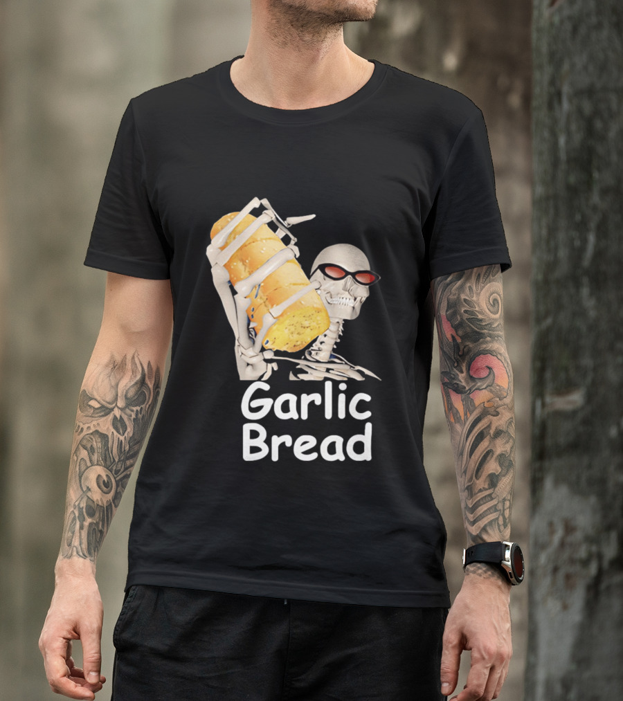 Skeleton Holding Baguette Garlic Bread Wearing Sunglasses T-Shirt