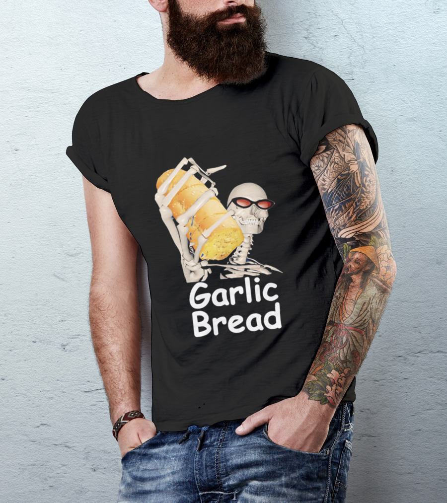 Skeleton Holding Baguette Garlic Bread Wearing Sunglasses T-Shirt