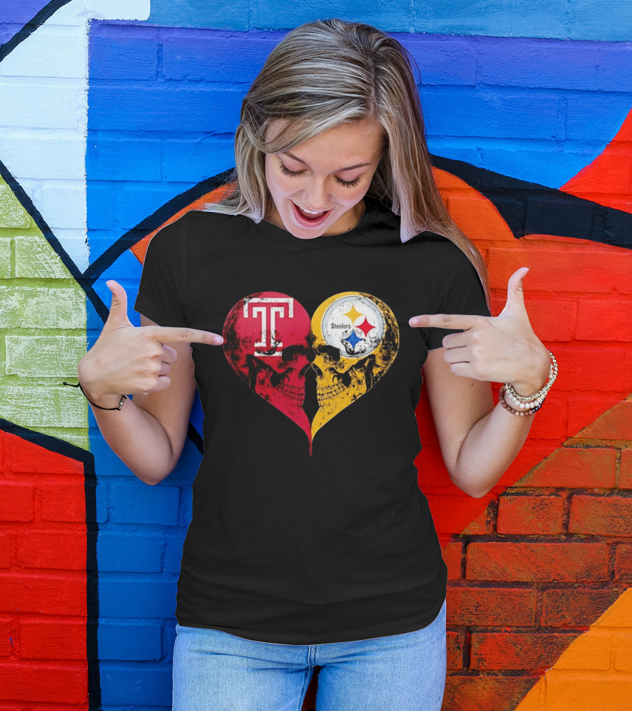Temple Owls Pittsburgh Steelers Skulls Heart Shape Distressed T-Shirt