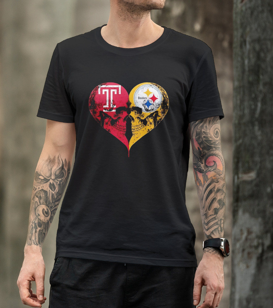 Temple Owls Pittsburgh Steelers Skulls Heart Shape Distressed T-Shirt