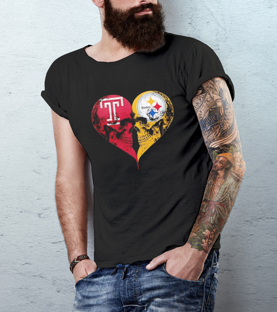 Temple Owls Pittsburgh Steelers Skulls Heart Shape Distressed T-Shirt