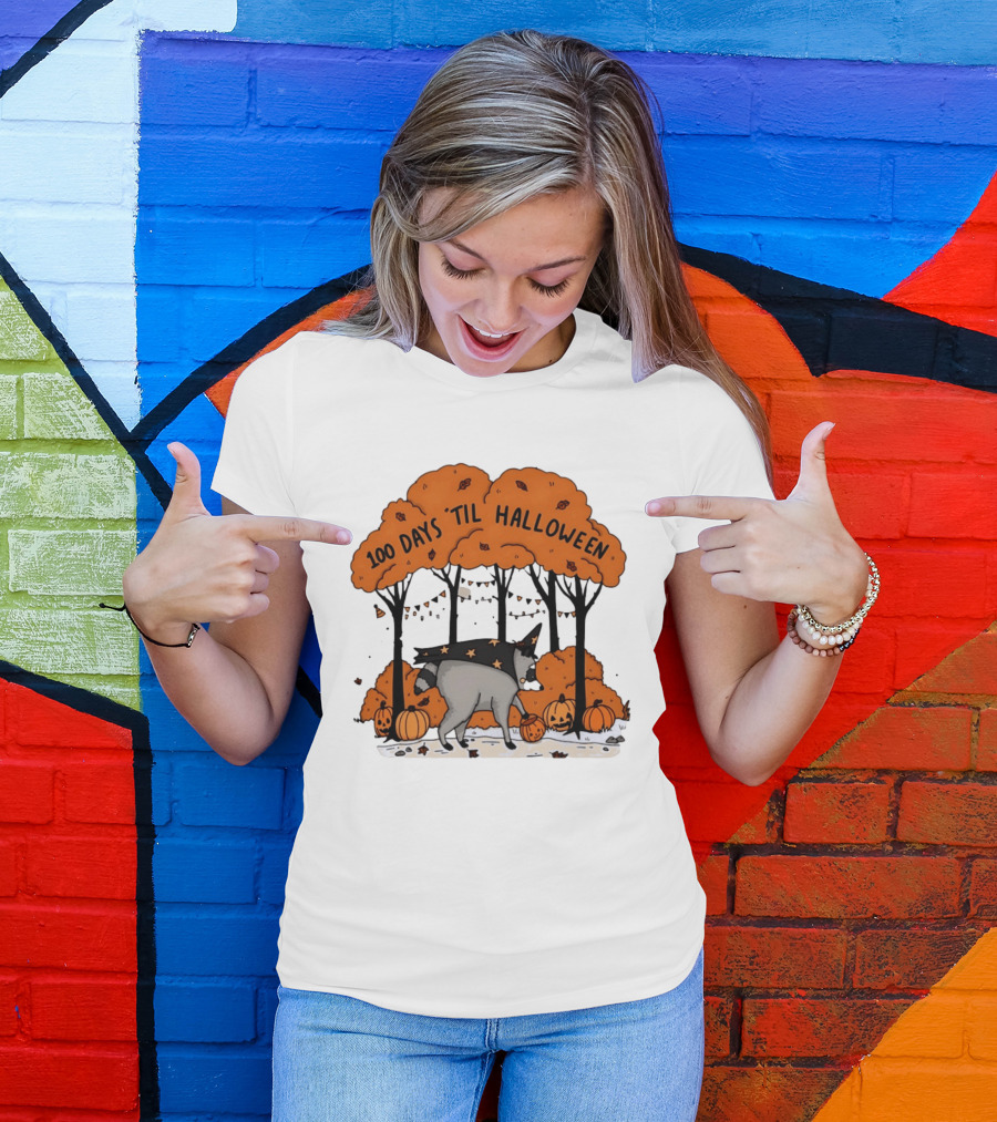 100 Days 'til Halloween Raccoon Wizard Costume In Pumpkin Patch Forest T-Shirt