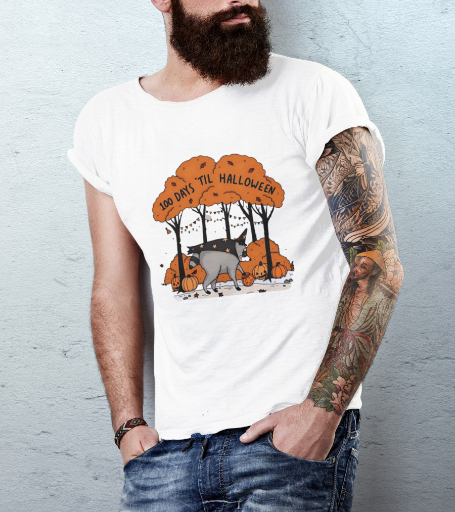 100 Days 'til Halloween Raccoon Wizard Costume In Pumpkin Patch Forest T-Shirt