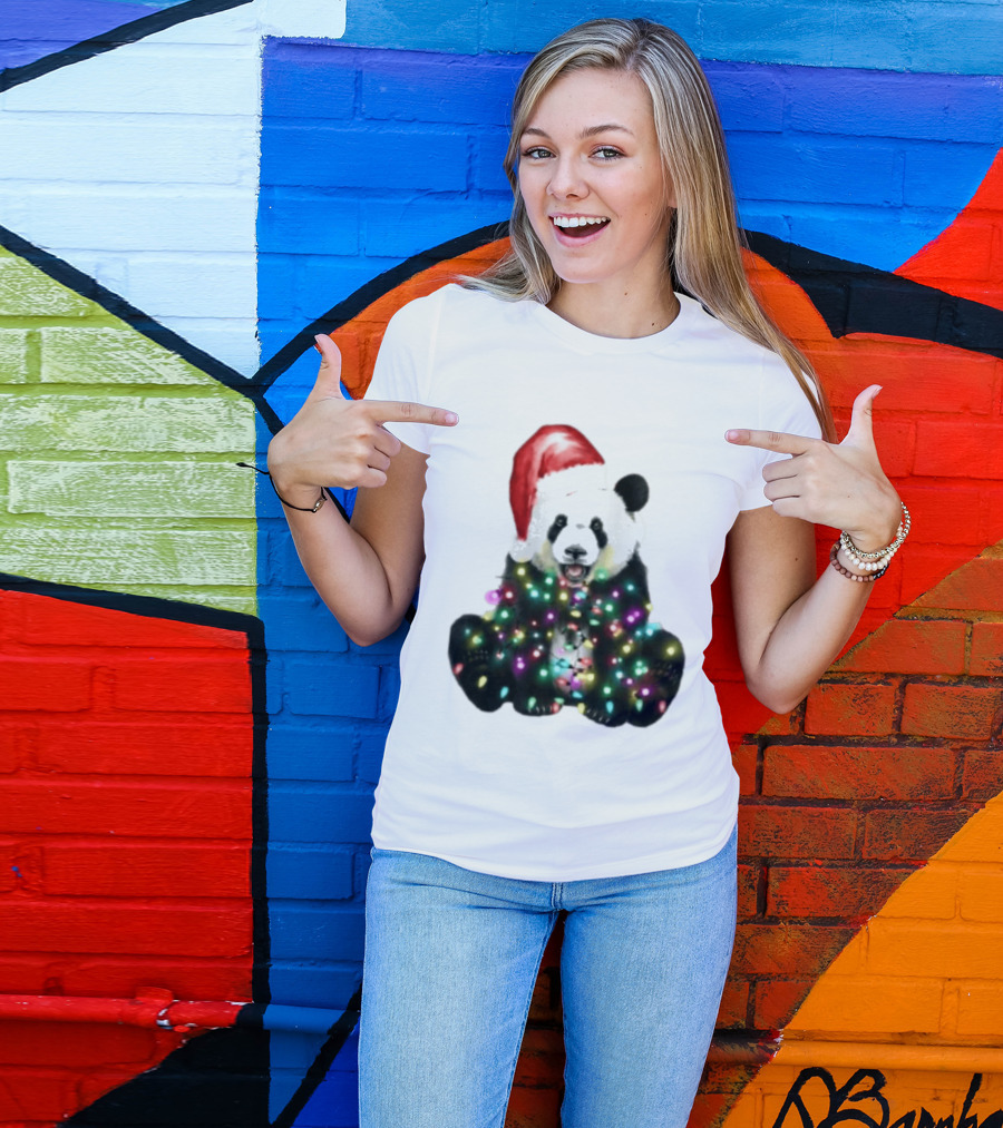 Panda With Christmas Lights And Santa Hat Holiday Animals T-Shirt