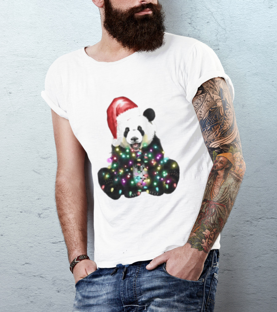 Panda With Christmas Lights And Santa Hat Holiday Animals T-Shirt