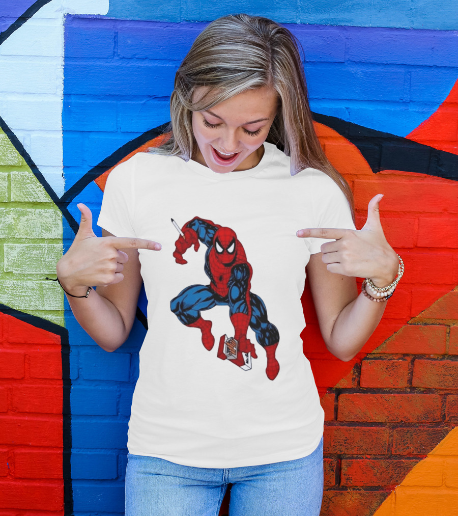 Marlboro Spider Man Crouching Holding Cigarette Packcartoon T-Shirt