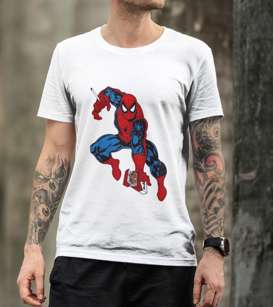 Marlboro Spider Man Crouching Holding Cigarette Packcartoon T-Shirt