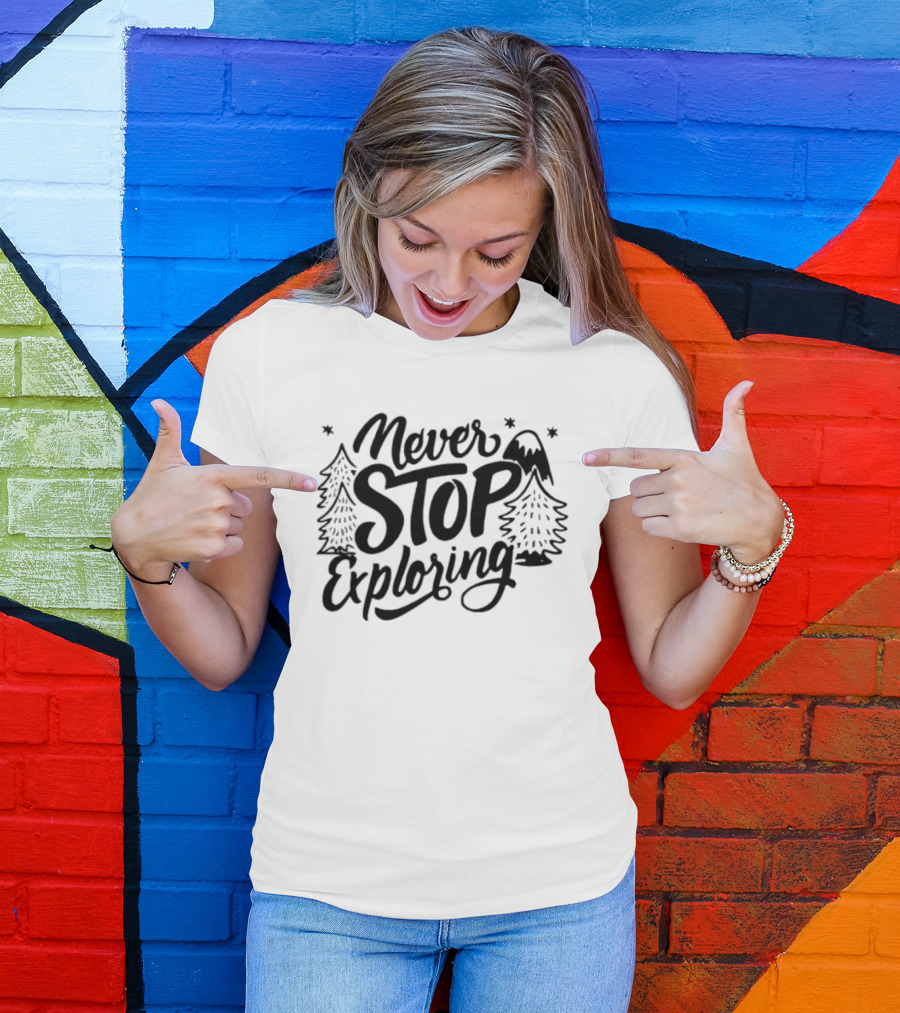 Never Stop Exploring Pine Trees Snowy Mountain Peak Stars T-Shirt