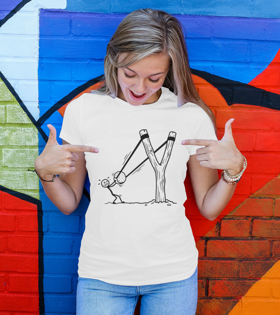 Stick Figure Slingshot Cartoon Pulling Back T-Shirt