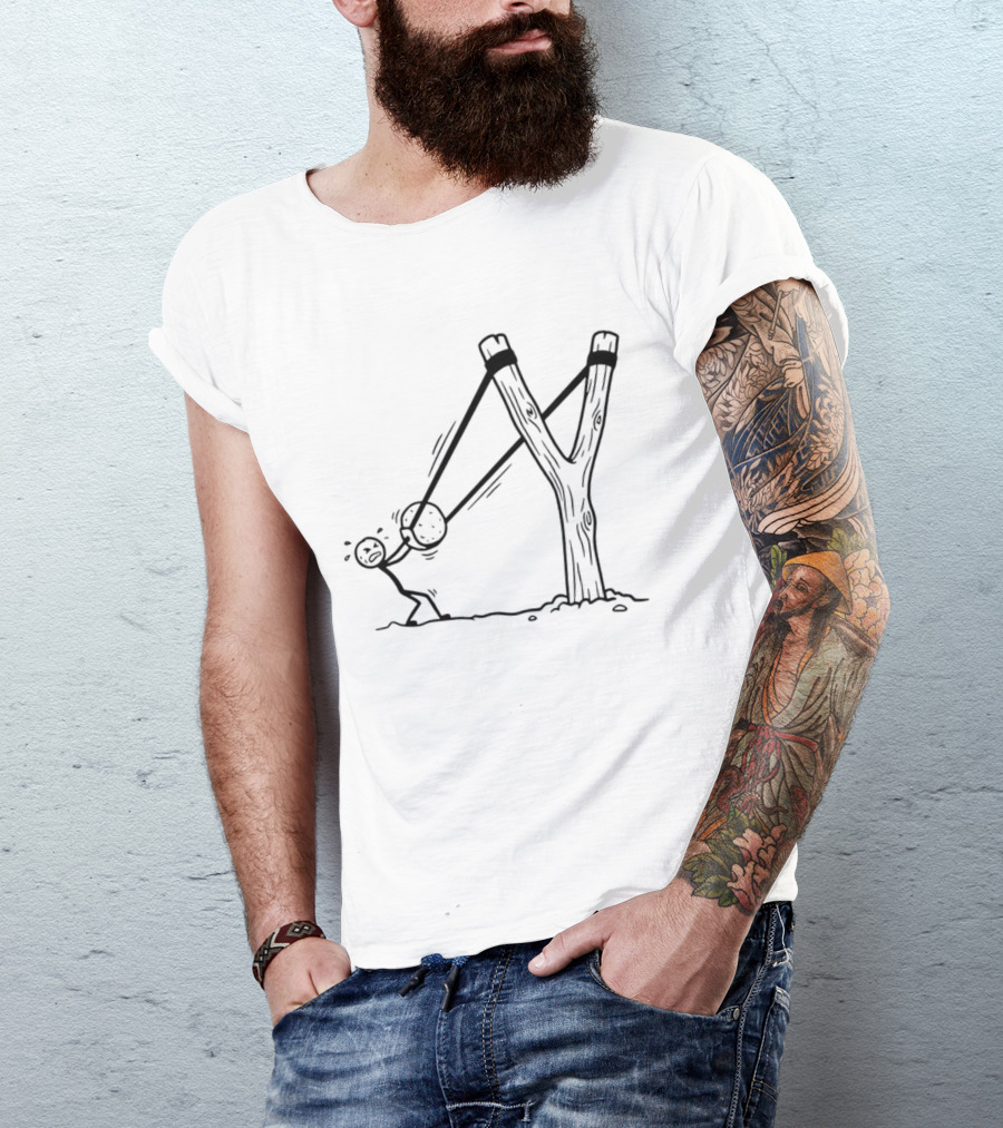 Stick Figure Slingshot Cartoon Pulling Back T-Shirt