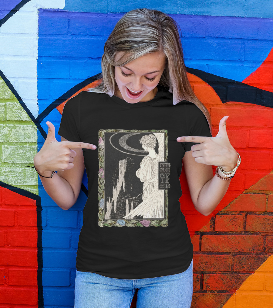 Angel Nouveau Unraveled Floral Frame Illustrative Art Winged Celestial Figure T-Shirt