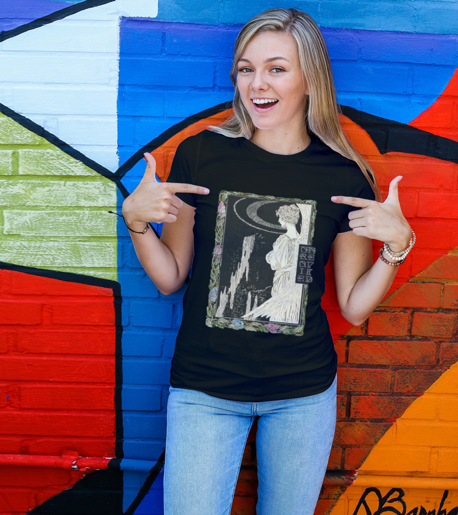 Angel Nouveau Unraveled Floral Frame Illustrative Art Winged Celestial Figure T-Shirt