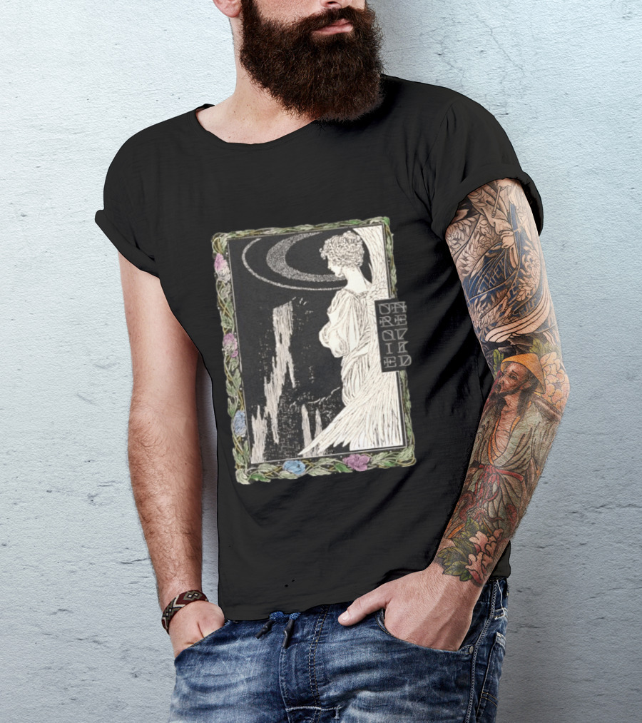 Angel Nouveau Unraveled Floral Frame Illustrative Art Winged Celestial Figure T-Shirt