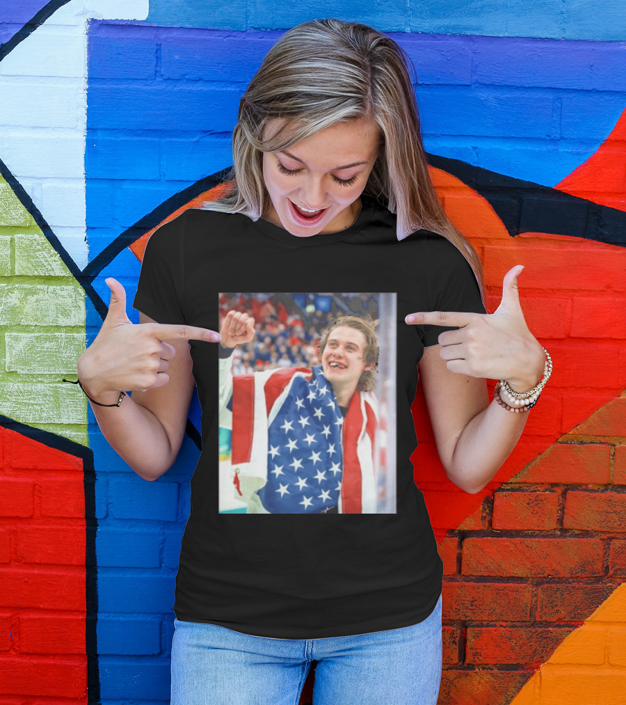 Jack Hughes USA Hockey World Champs 2026 Victory Celebration American Flag T-Shirt