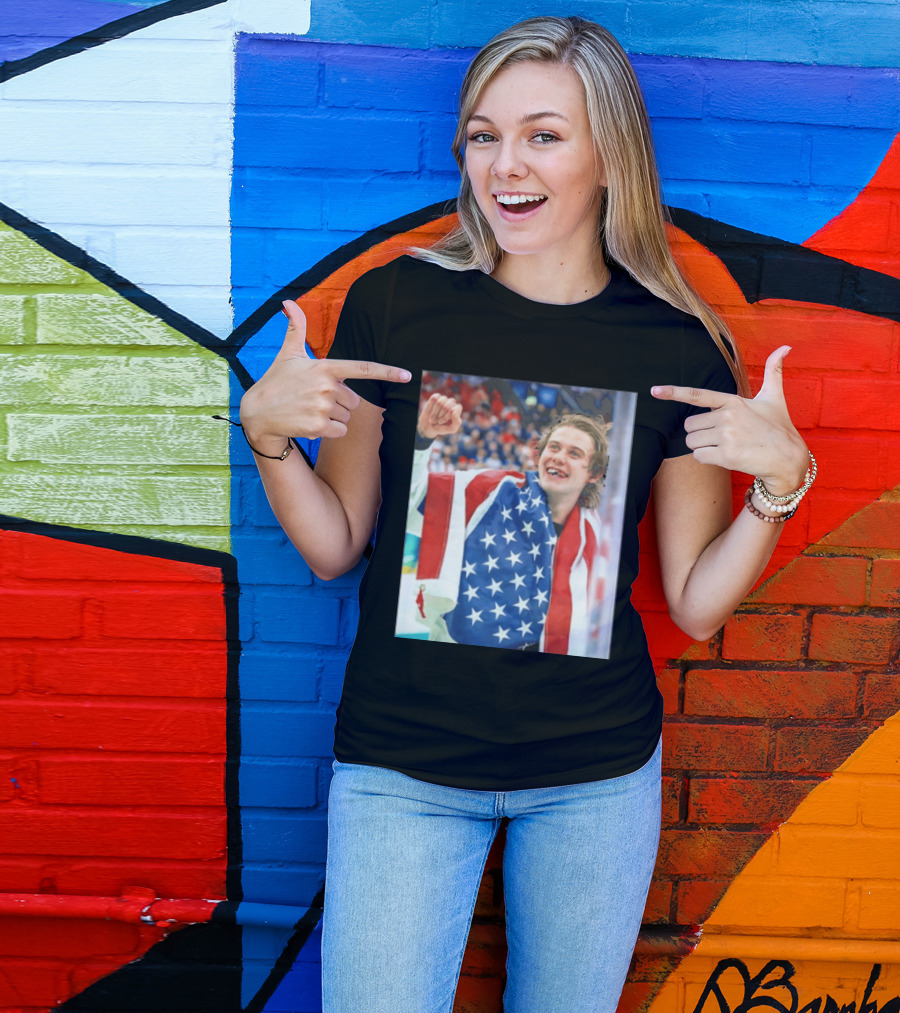 Jack Hughes USA Hockey World Champs 2026 Victory Celebration American Flag T-Shirt