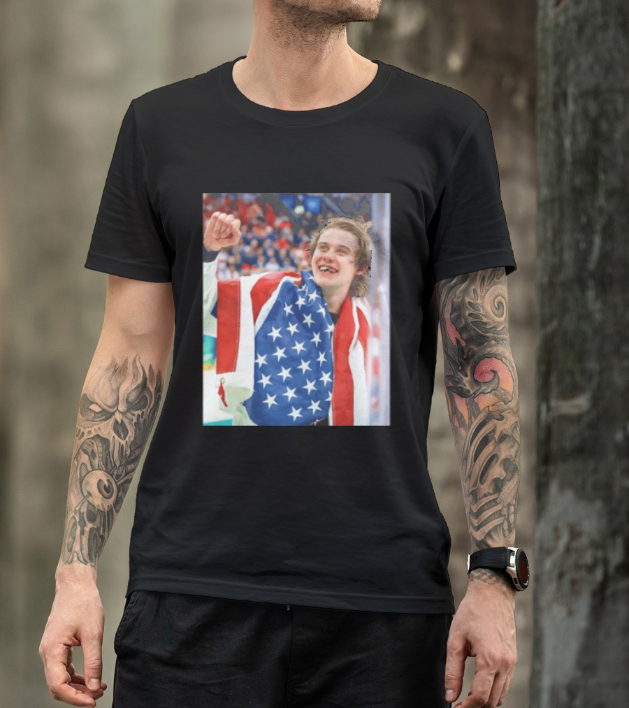 Jack Hughes USA Hockey World Champs 2026 Victory Celebration American Flag T-Shirt