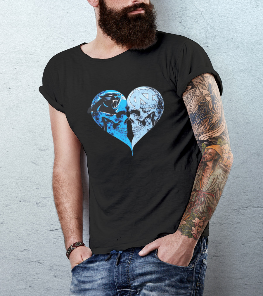 Carolina Panthers North Carolina Tar Heels Skulls Face To Face Heart Shape T-Shirt