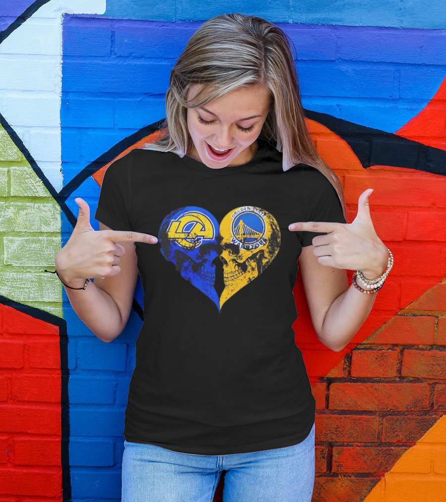Los Angeles Rams Golden State Warriors Heart Shaped Skulls Distressed T-Shirt
