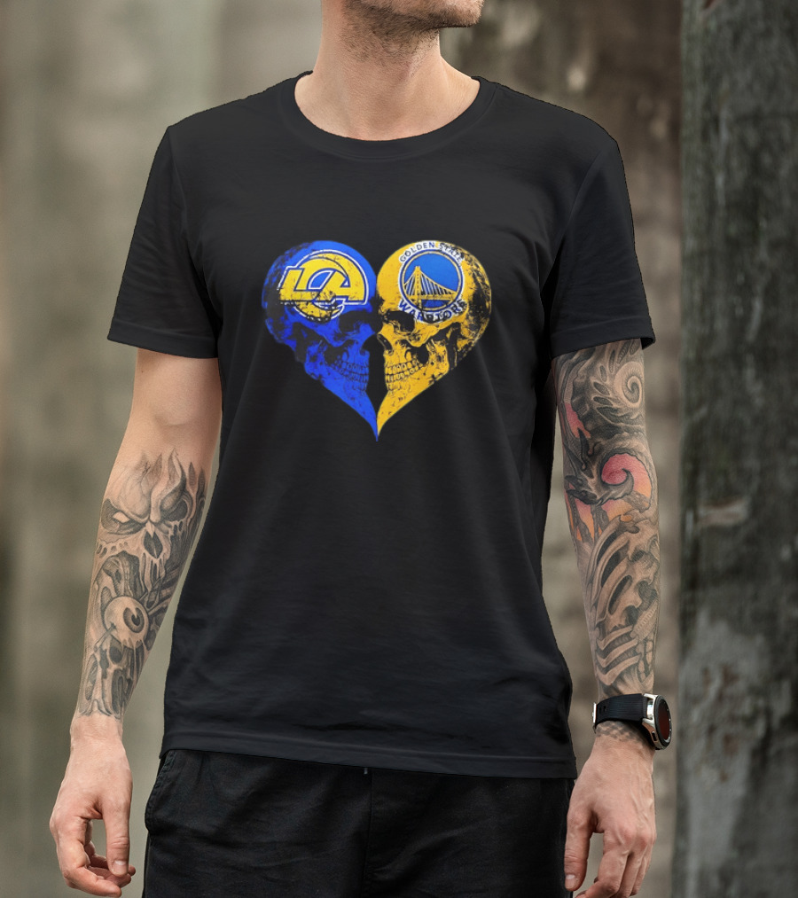 Los Angeles Rams Golden State Warriors Heart Shaped Skulls Distressed T-Shirt
