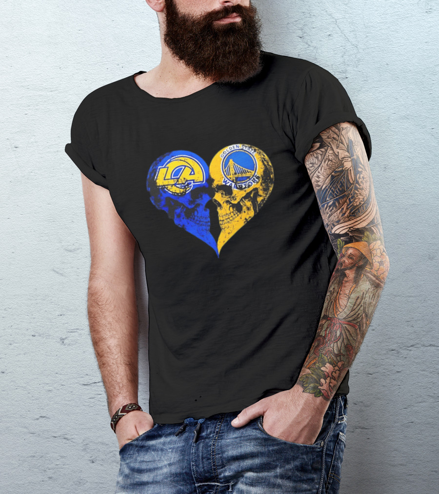 Los Angeles Rams Golden State Warriors Heart Shaped Skulls Distressed T-Shirt