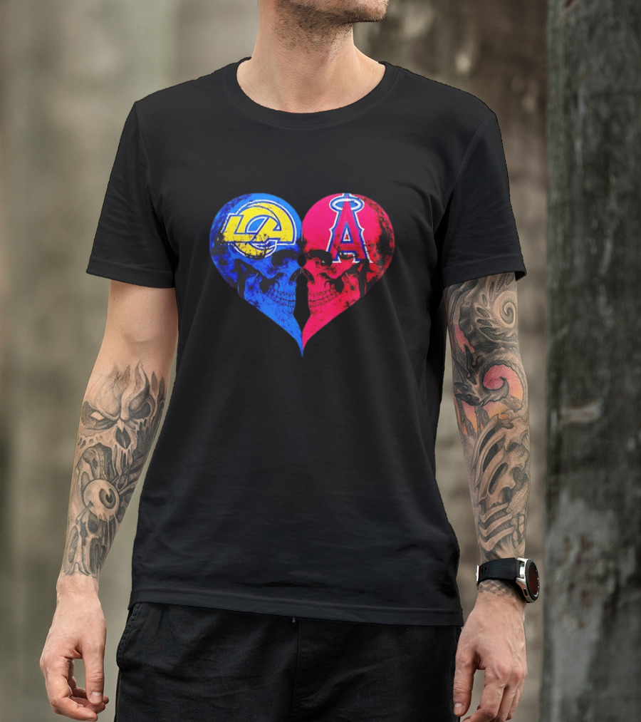 Los Angeles Rams Vs Los Angeles Angels Skulls Heart Face To Face Distressed T-Shirt