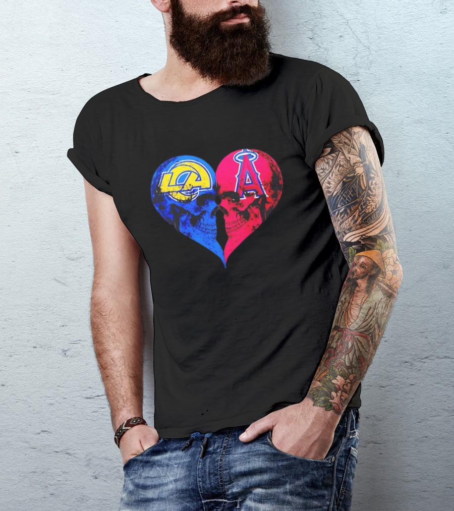 Los Angeles Rams Vs Los Angeles Angels Skulls Heart Face To Face Distressed T-Shirt