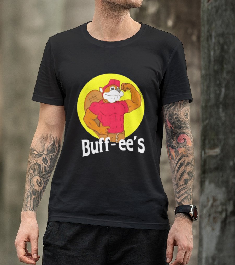Buff Ee's Strong Muscular Beaver Character In Red Outfit T-Shirt