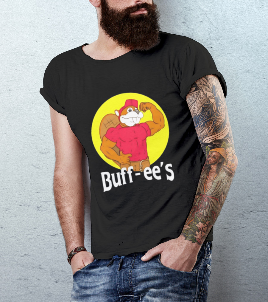 Buff Ee's Strong Muscular Beaver Character In Red Outfit T-Shirt
