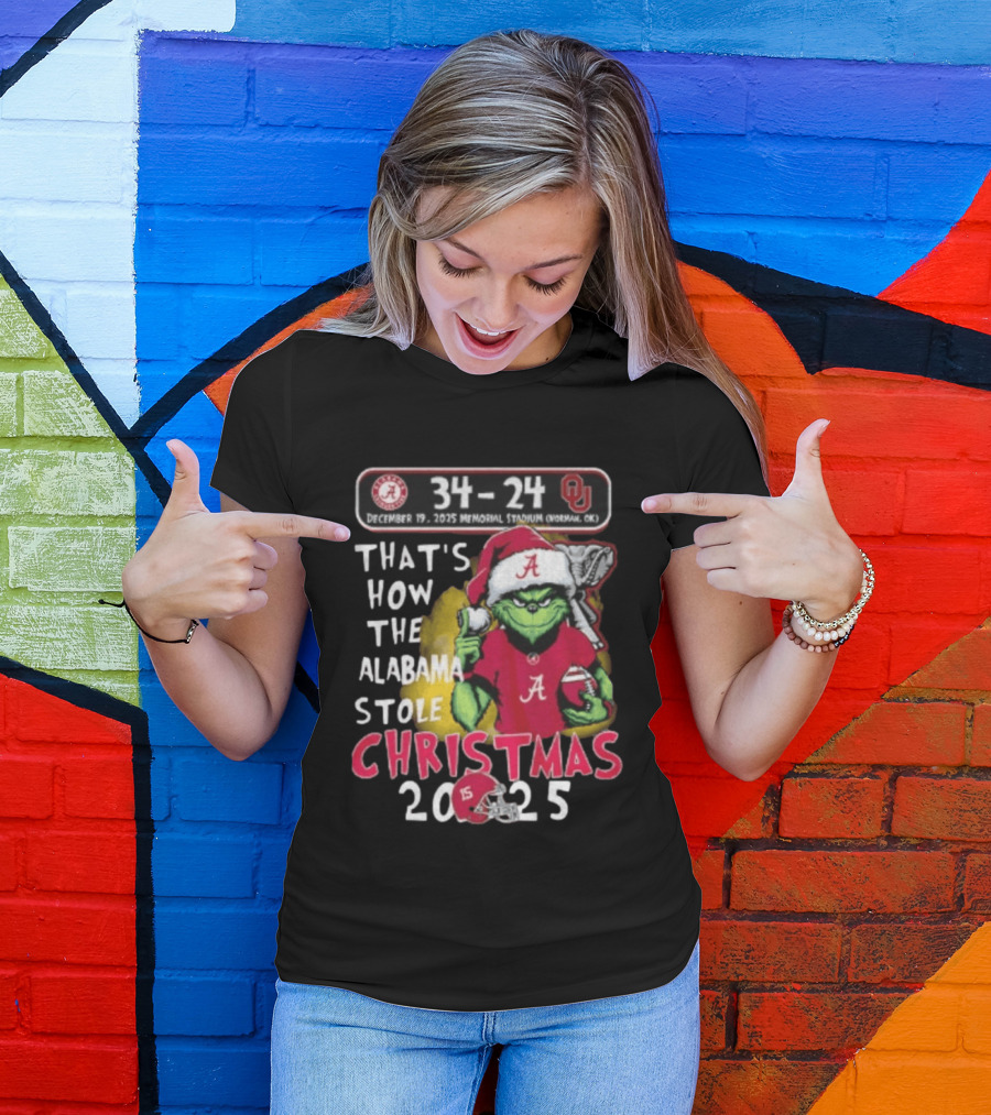 Grinch Santa Alabama Crimson Tide 34 24 Oklahoma Sooners That's How The Alabama Stole Christmas 2025 T-Shirt