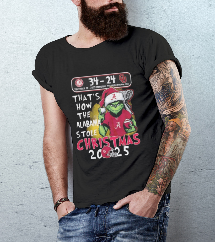 Grinch Santa Alabama Crimson Tide 34 24 Oklahoma Sooners That's How The Alabama Stole Christmas 2025 T-Shirt