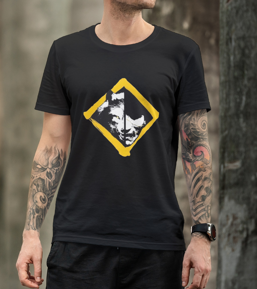 Wolf And Boar Split Face Diamond Yellow Border T-Shirt