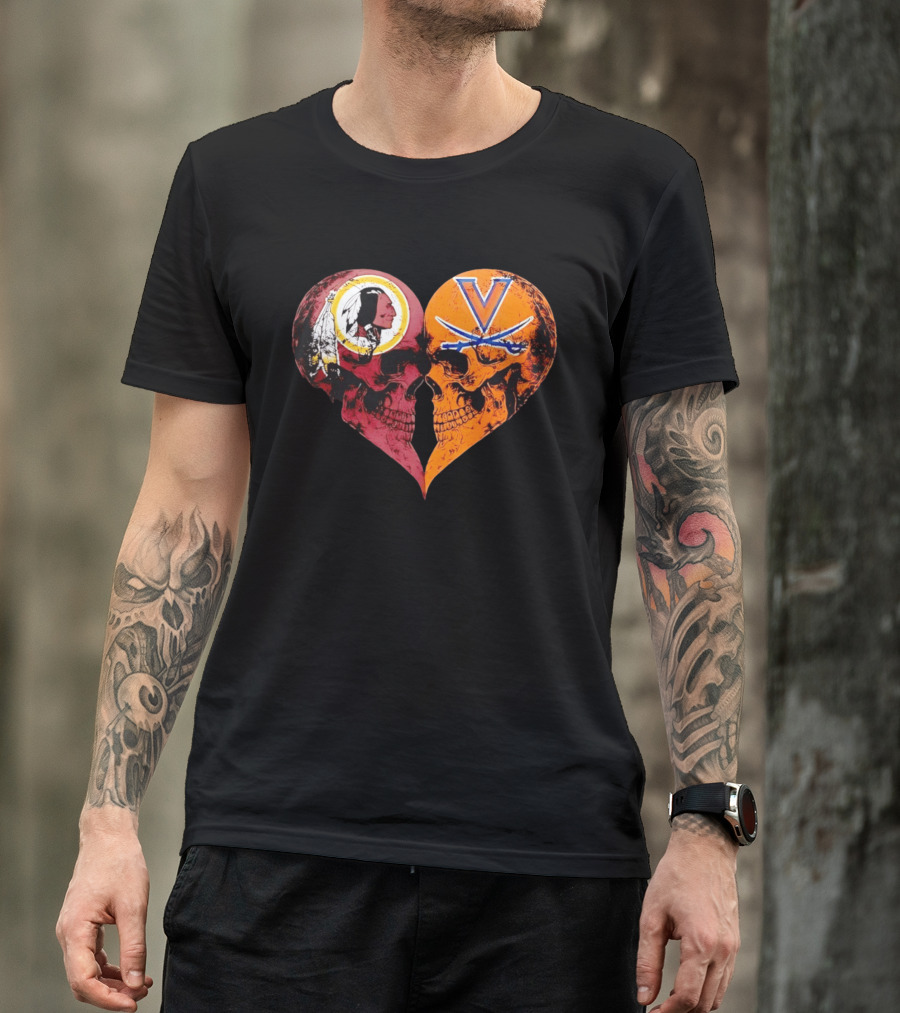 Washington Redskins Virginia Cavaliers Skulls Face To Face Heart Shape Distressed T-Shirt