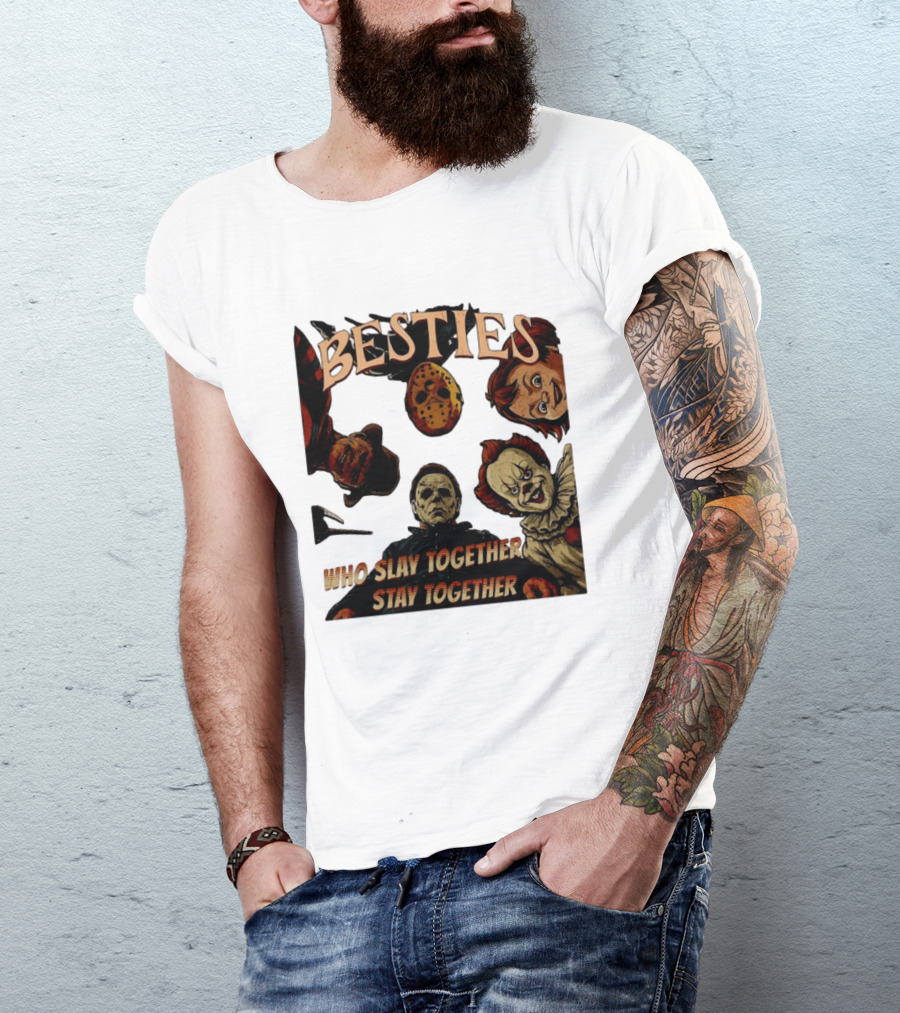 BESTIES Horror Movie Characters Mask Iconic Slayers Pennywise Knife Doll Together T-Shirt