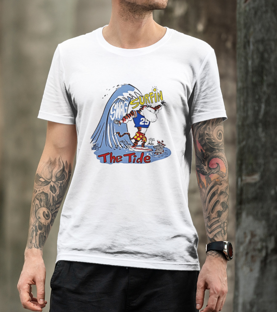 Classic Alabama Gameday Surfin The Tide Tiger In Red Flower Shorts Riding Wave T-Shirt