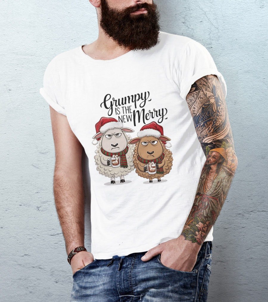 Grumpy Is The New Merry Christmas Sheep Santa Hat Holiday Humor T-Shirt