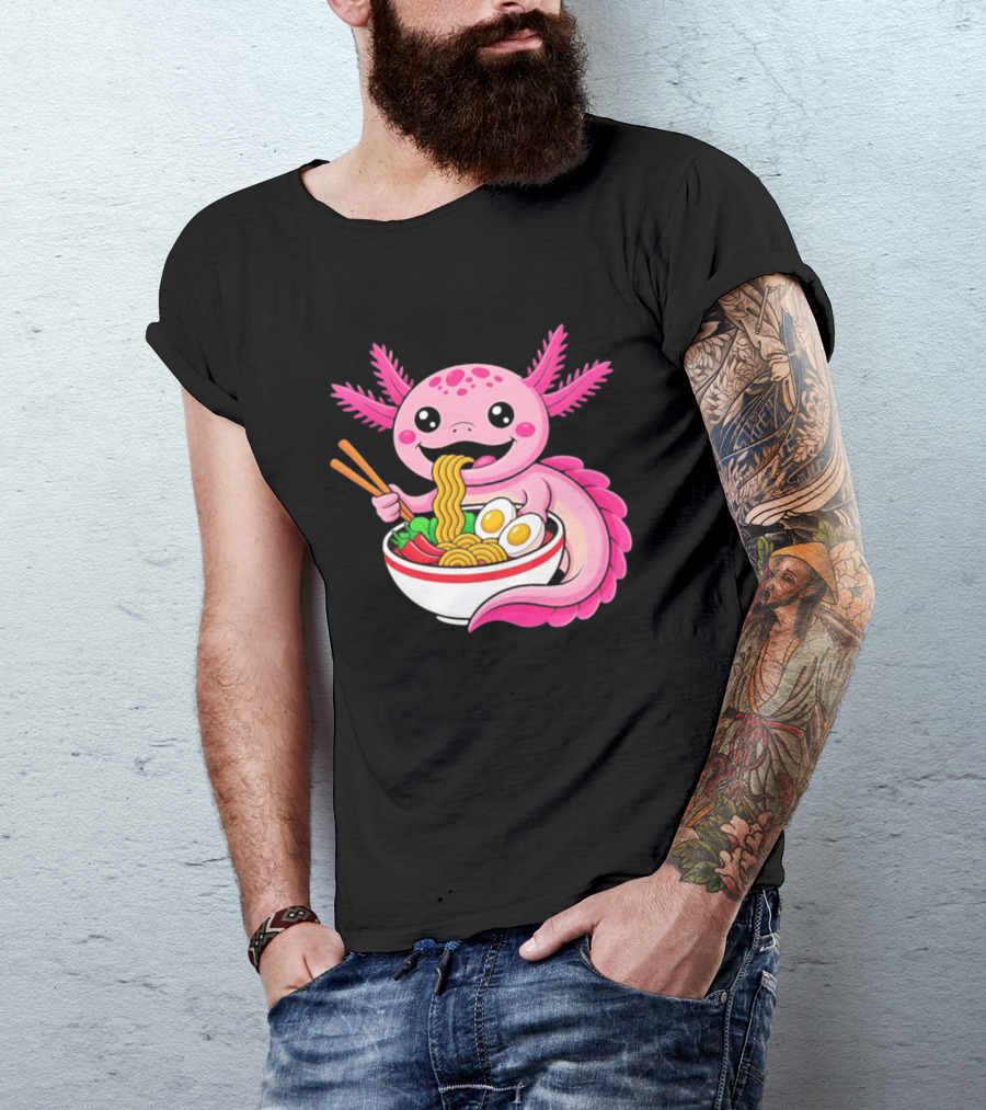 Axolotl Eating Ramen Kawaii Style With Chopsticks And Eggs T-Shirt