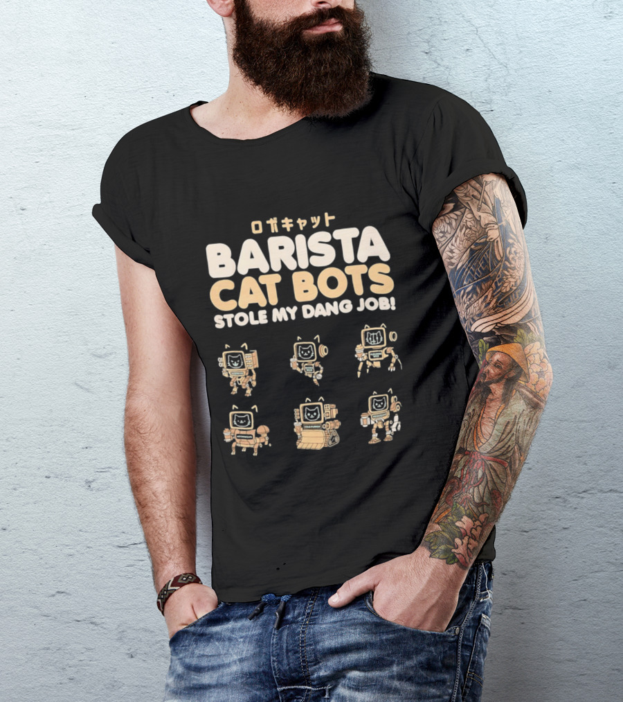 Barista Cat Bots Stole My Dang Job Retro Robot Cats Japanese T-Shirt