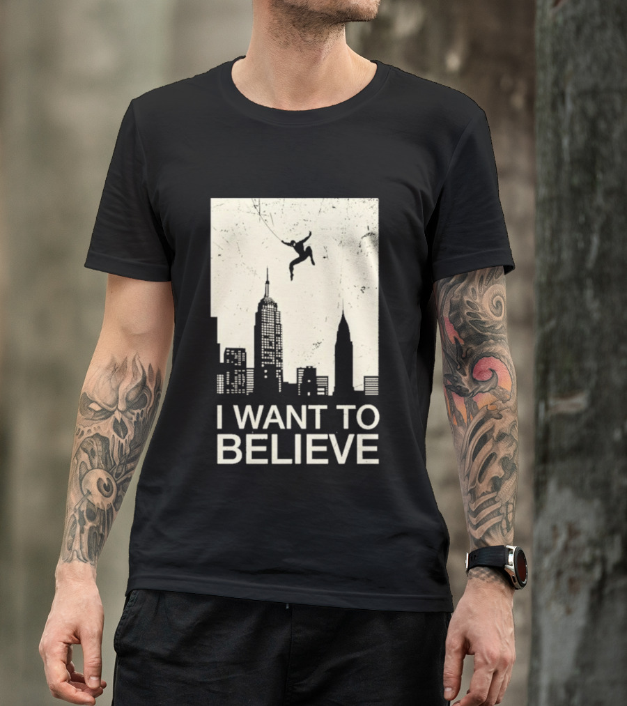 Friking I Want To Believe Swinging Hero Cityscape T-Shirt