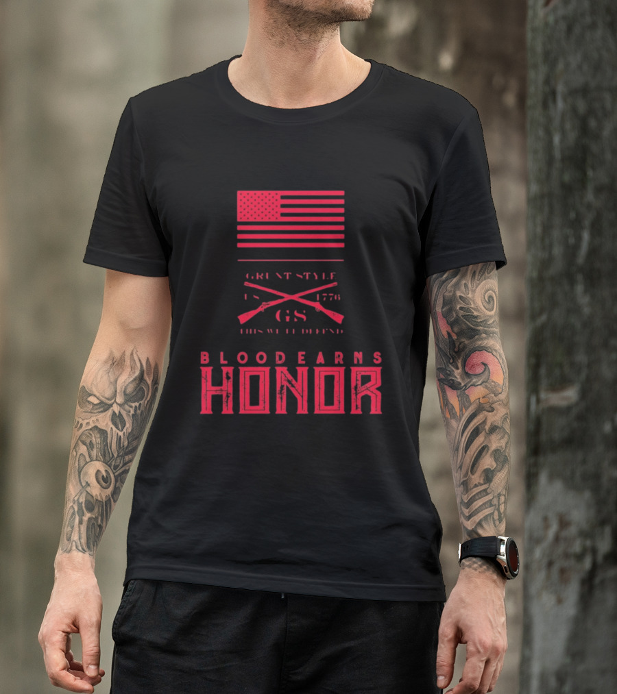 American Flag Blood Earns Honor Vintage Style 1776 Rifles T-Shirt